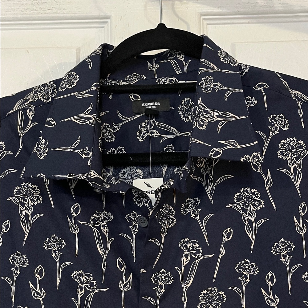 EXPRESS MENS LONG SLEEVE FLORAL PRINT BUTTON DOWN SHIRT BLU WHI SLIM FIT SIZE XL - Picture 3 of 12